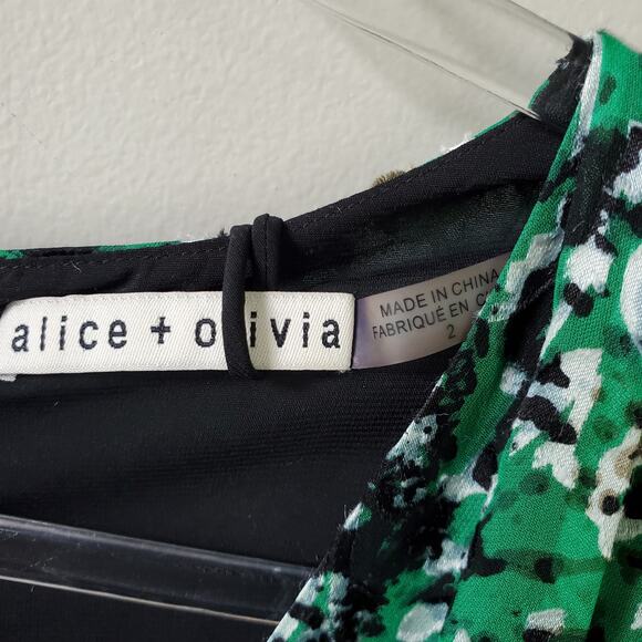 Alice Olivia Green Black Silk Velvet Burnout Mini Dress 2 Career Cocktail Event - Picture 5 of 10